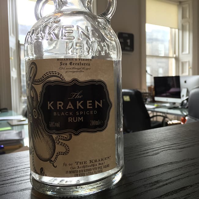 Empty bottle of Kraken Rum