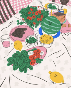Illustrated image of dinner table salad