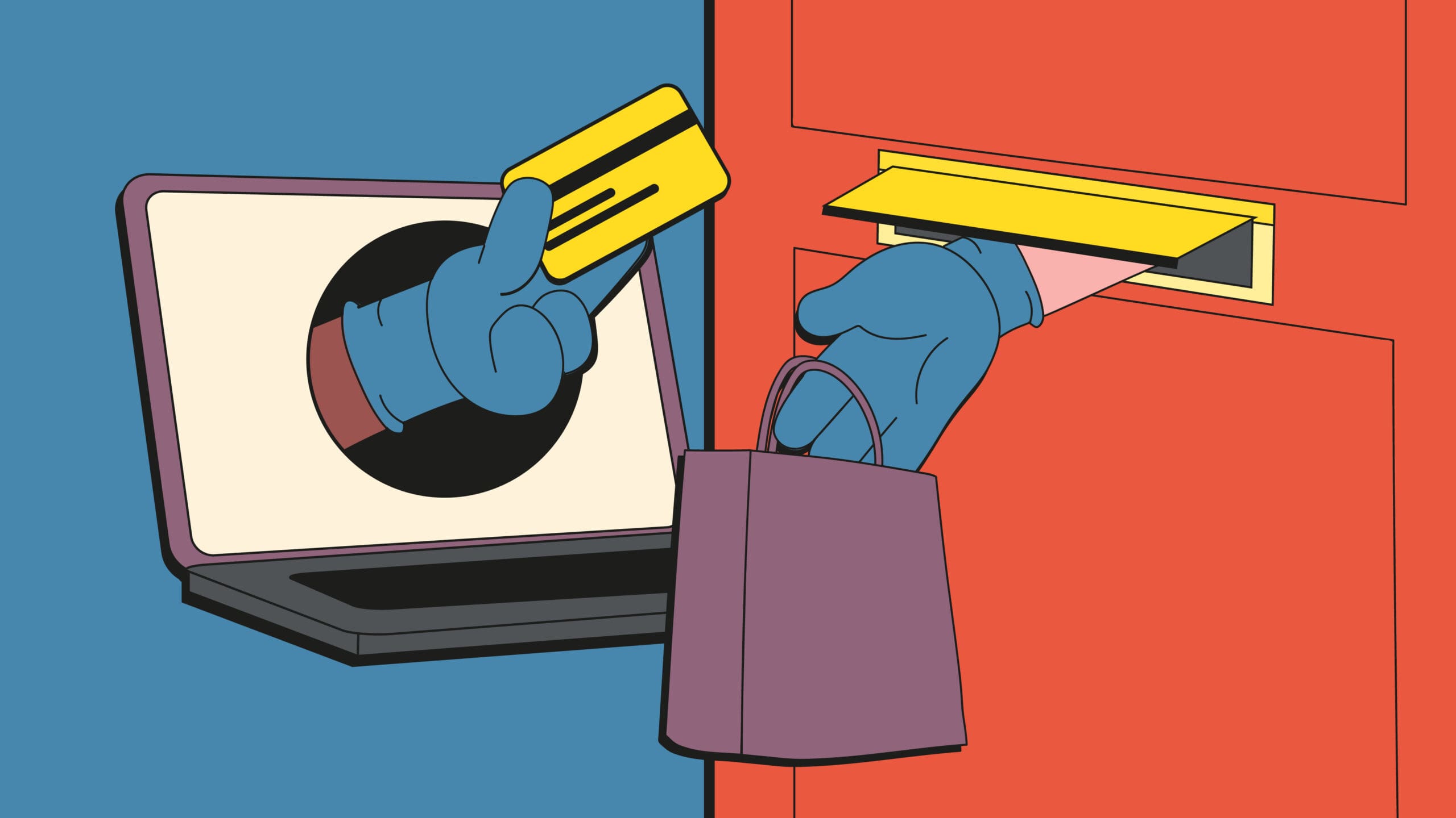 Illustration of hands in gloves exchanging items at a door.