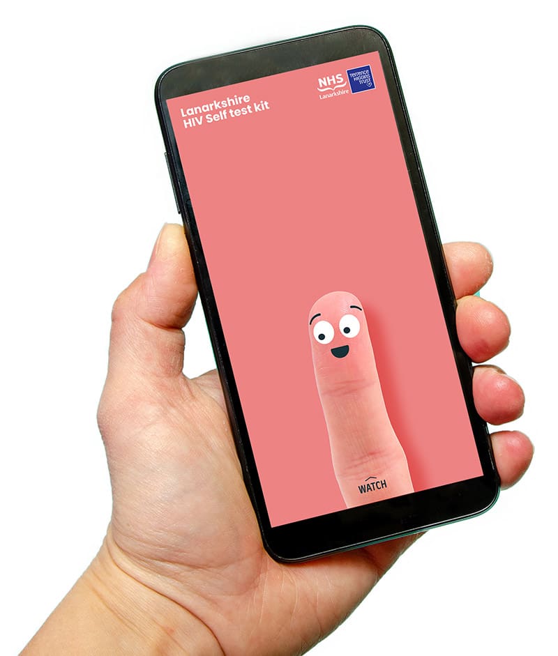 Lanarkshire HIV Self test kit - finger character on mobile phone display