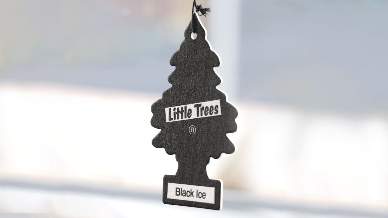 little trees black ice air freshener hanging from car windscreen