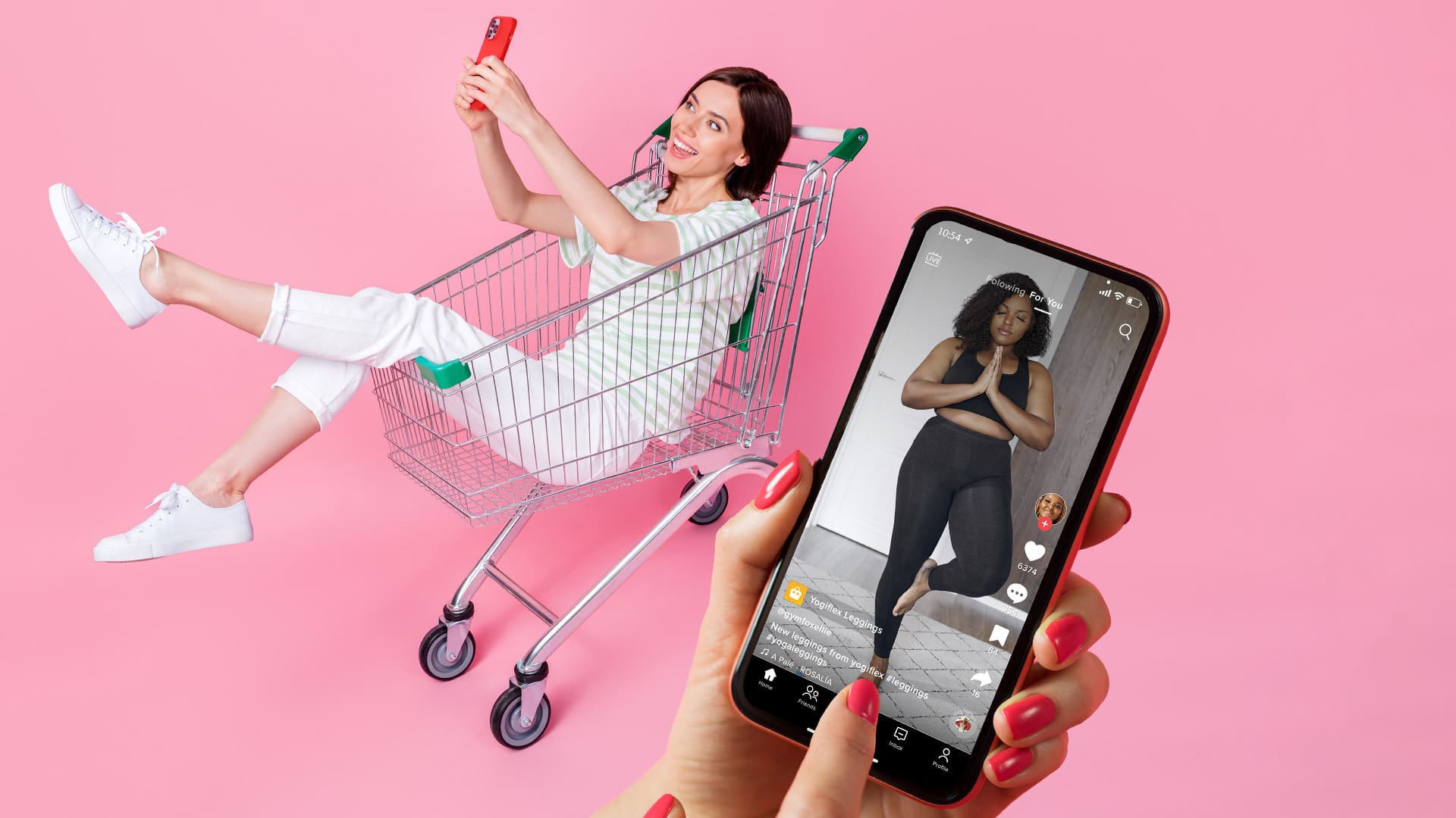 Tiktok phone screen and woman in trolley