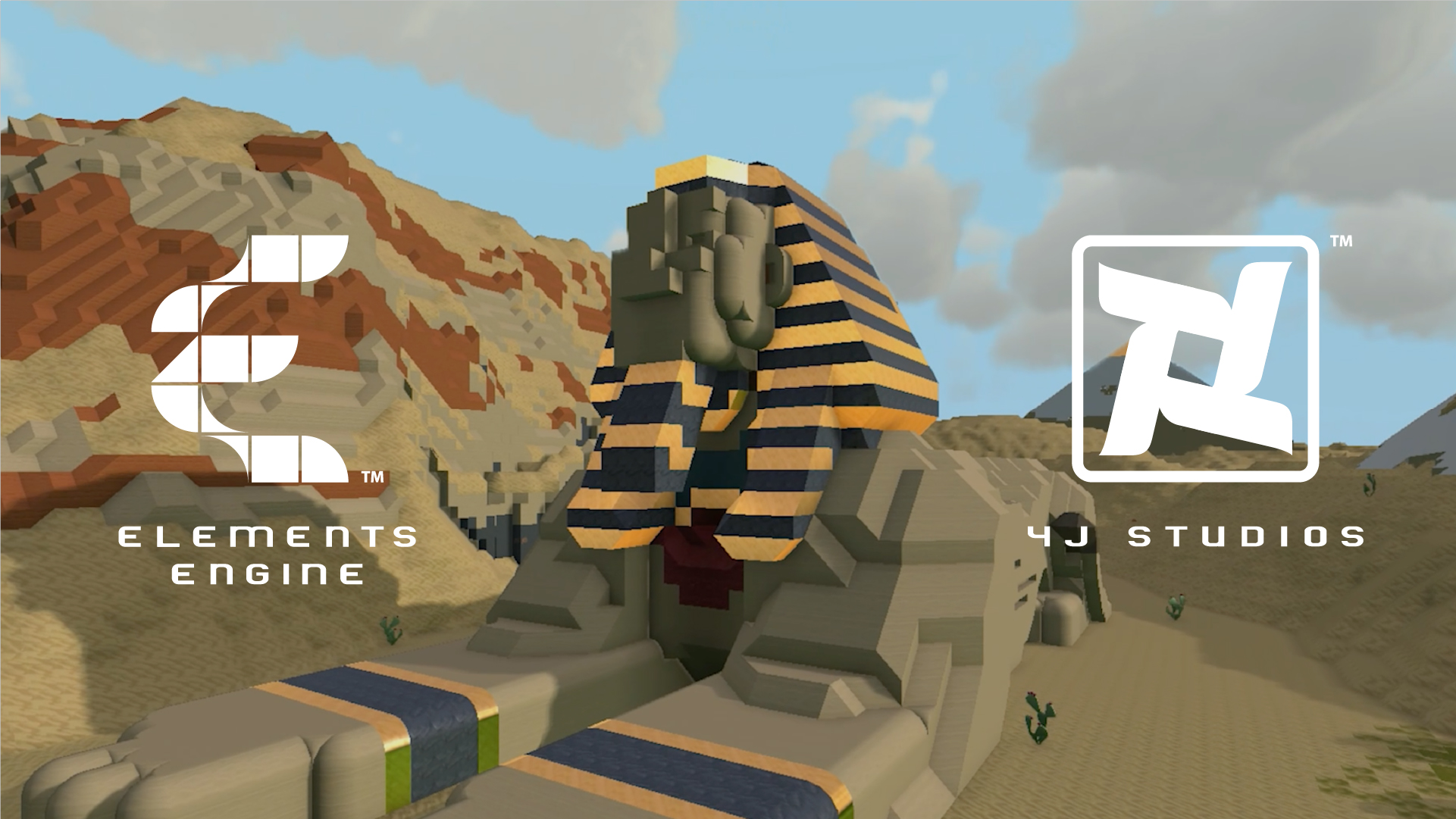 Elements engine enviroment showing an egyptian sphinx made from blocks. elements engine and 4j studios logos in white over the top