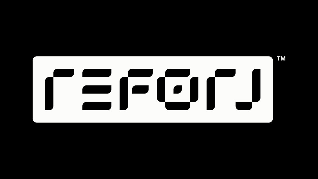 Horizontal Reforj logo in white on a black background