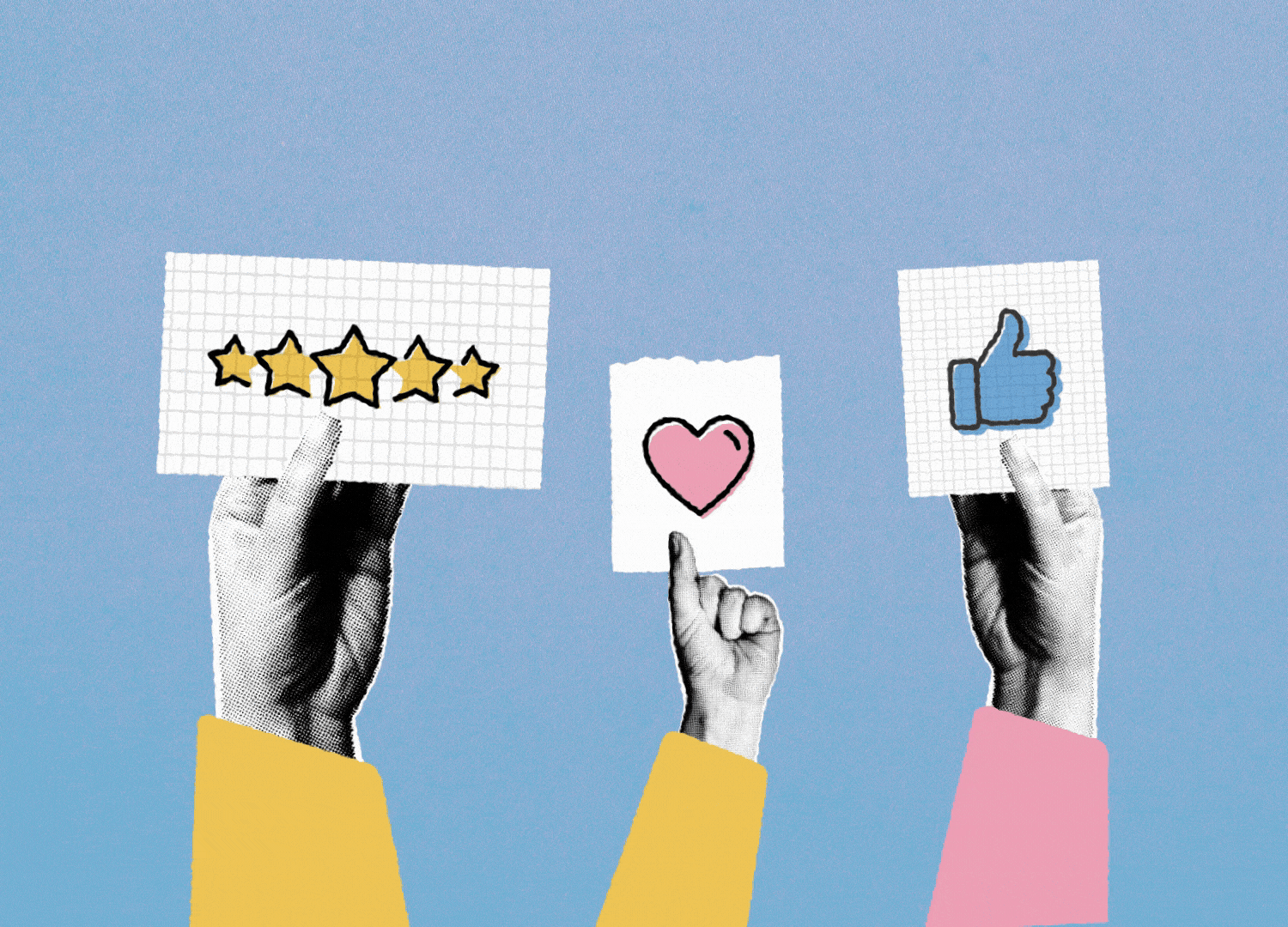 animated hands holding up ratings icons of 5 stars, heart and thumbs up